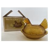 Indiana glass hen on a nest golden amber with t