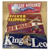advertising labels, blue hound, red