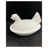Hen on nest Indiana glass
