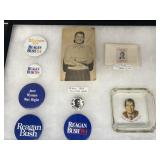 Ronald Reagan campaign buttons, movie star card,