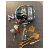 Wooden spoons wine bottle, miscellaneous items