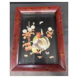 Handmade shell, rooster, and chicken framed