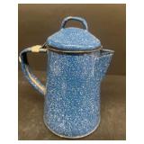 Blue white speckled enamel coffee pot