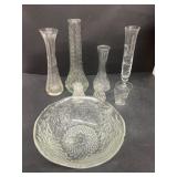 Clear, glass vases, and bowl
