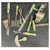 Antique kitchen utensils green painted handles