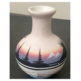 Navajo Pottery Vase wIindian on Horse, signed RG D