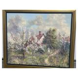 Colorful painting of house and trees on canvas