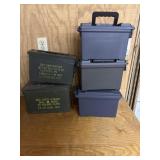 Ammo boxes, two metal three plastic
