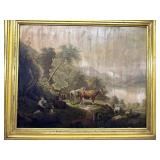 Early framed, painting, or print of cows and boy
