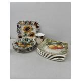 Fruit pattern plates, and cups mismatch dishes