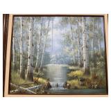 Painting on canvas of waterfall trees signed