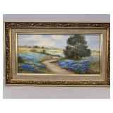 Newman painting on canvas of flowers and field