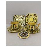 Quimper hand-painted plates, tea, cups, and