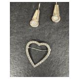 Sterling silver Heart pin and earrings