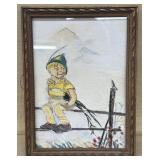 Watercolor of boy, sitting on fence with bird