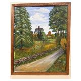 Painting on board of house by road