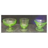 (3) green uranium glass dessert cups mismatch