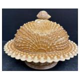 Amber slag, glass butter dish