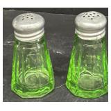 Green glass salt and pepper shakers