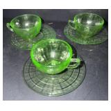 (3) green uranium glass tea cups and saucers