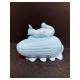 Blue slag, glass squirrel dish