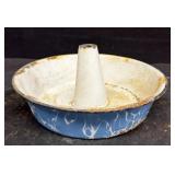 Blue and white enamel cake pan