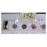 4 Pennies, One Stamp, 1959 D, 1963 D, 1973, 1981