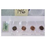 4 Pennies, One Stamp, 1927, 1999 D, 1975, 1957 D