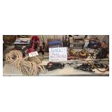 Table Full-Garage Items, Chargers, Chain, Tools,