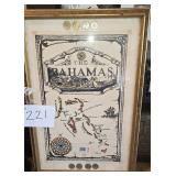 Framed Map of Bahamas, Coins & a Stamp-Big Garage