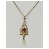 Art Deco Pendant w/ Ruby, Dogtooth Pearl Pendant