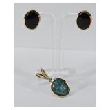 Black Mosaic Opal Pendant & Black Stone Earrings