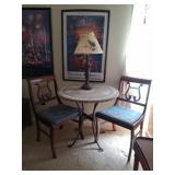 Patio Table, 2 Needlepoint Chairs, Lamp