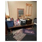 Wood Bench, Mirror, Faux Floral, Rugs
