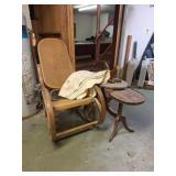 Bent Wood Cane Rocker, Coffee Table, Quilt