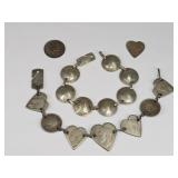 (2) 1940s Trench Art Heart Coin Bracelets & More
