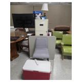 Card table, Coleman Cooler, File Cabinet & More