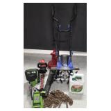 Bilt Hard Tiller, Greenworks Chainsaw, Blower