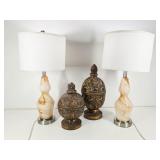 2 Art Glass Lamps, 2 Decorative Resin Urns