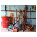 55 Gallon Barrel, Shovels, Lawn Tools
