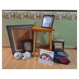 Wooden Bar Stool, Picture Frames, Makeup Bags