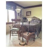Wooden Chair, Foot Stool, Brass Lamps