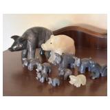 11 Stone Carved Pigs