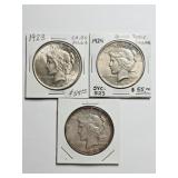 3 Silver Peace Dollars: 1923, 1924 & 1935 S