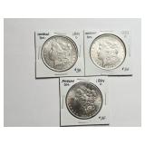3 Morgan Silver Dollars O: 1881, 1883 & 1884