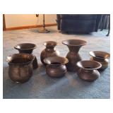 5 Spittoons, 2 Planters/Vases: Copper, Brass