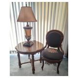 Oak End Table, Antique Needlepoint Chair
