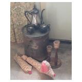 Beesting Crock, Silverplate Teaset, Dog Door Draft