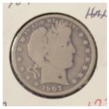 1907-D BARBER HALF DOLAR (90% SILVER) (GOOD)