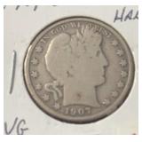 1907-O BARBER HALF DOLLAR (90% SILVER) (VG)